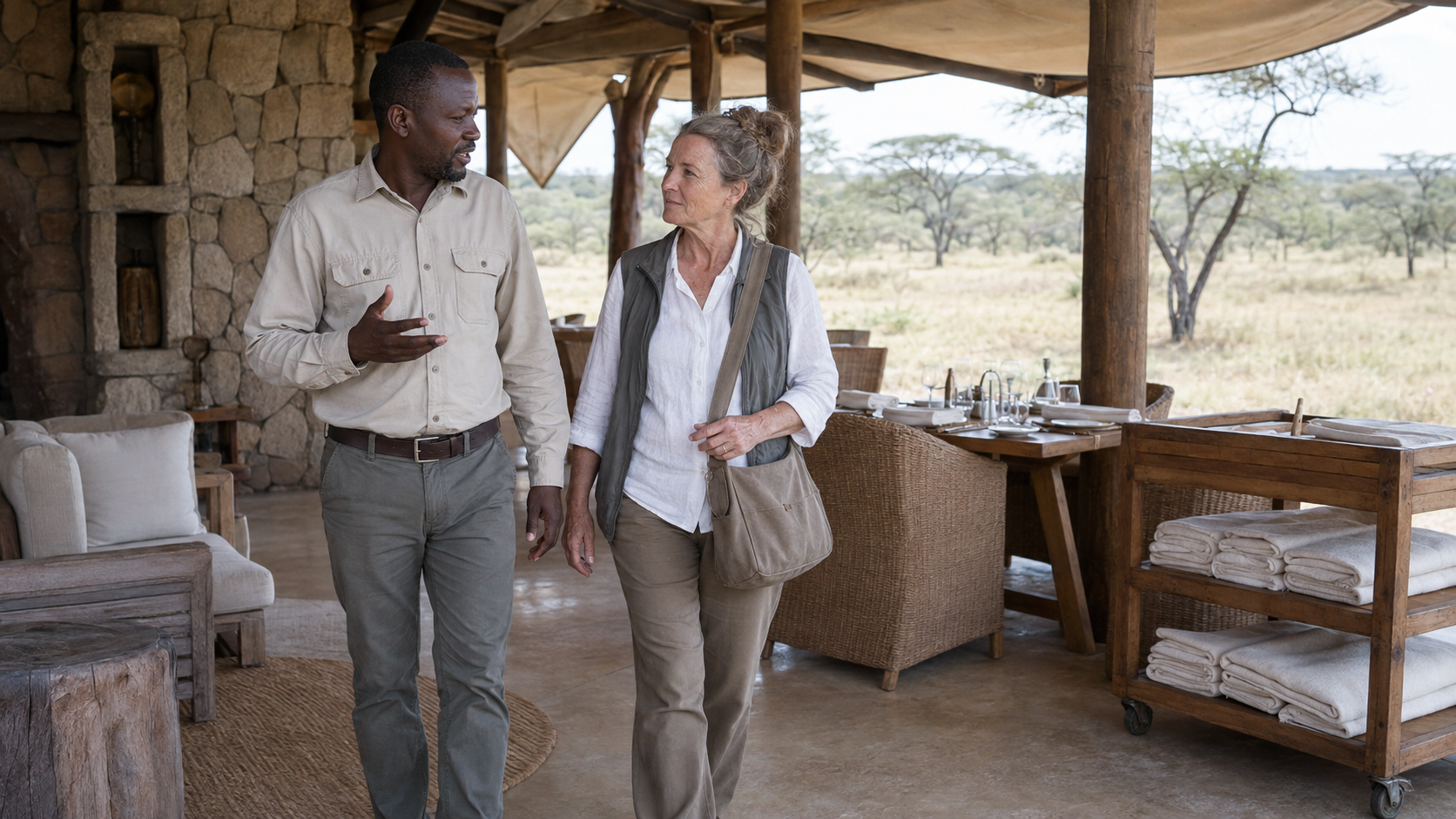 Safari lodge staff member speaking with a guest in an open-air lodge overlooking the Kenyan savannah
